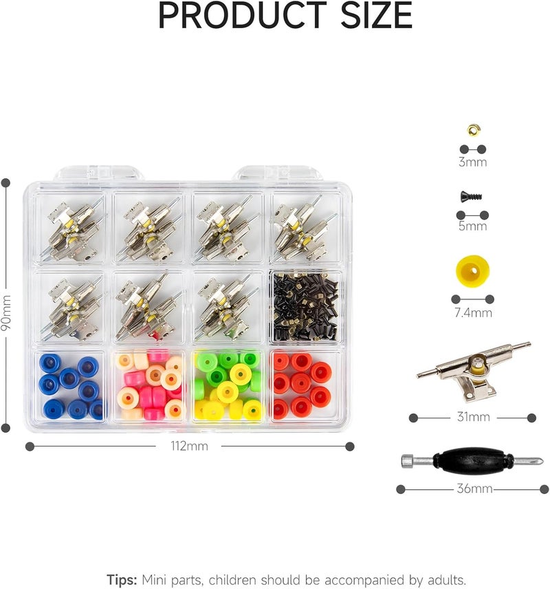 DisplayMore Store Fingerboard Repair Kit -Includes Box & Tools-Mini 96mm Finger Skateboard Parts Include 14 Brackets 48 Multicolour Wheels 60 Screws 30 Nuts 4 Screwdriver(Trucks-31mm & Box) - Image 2